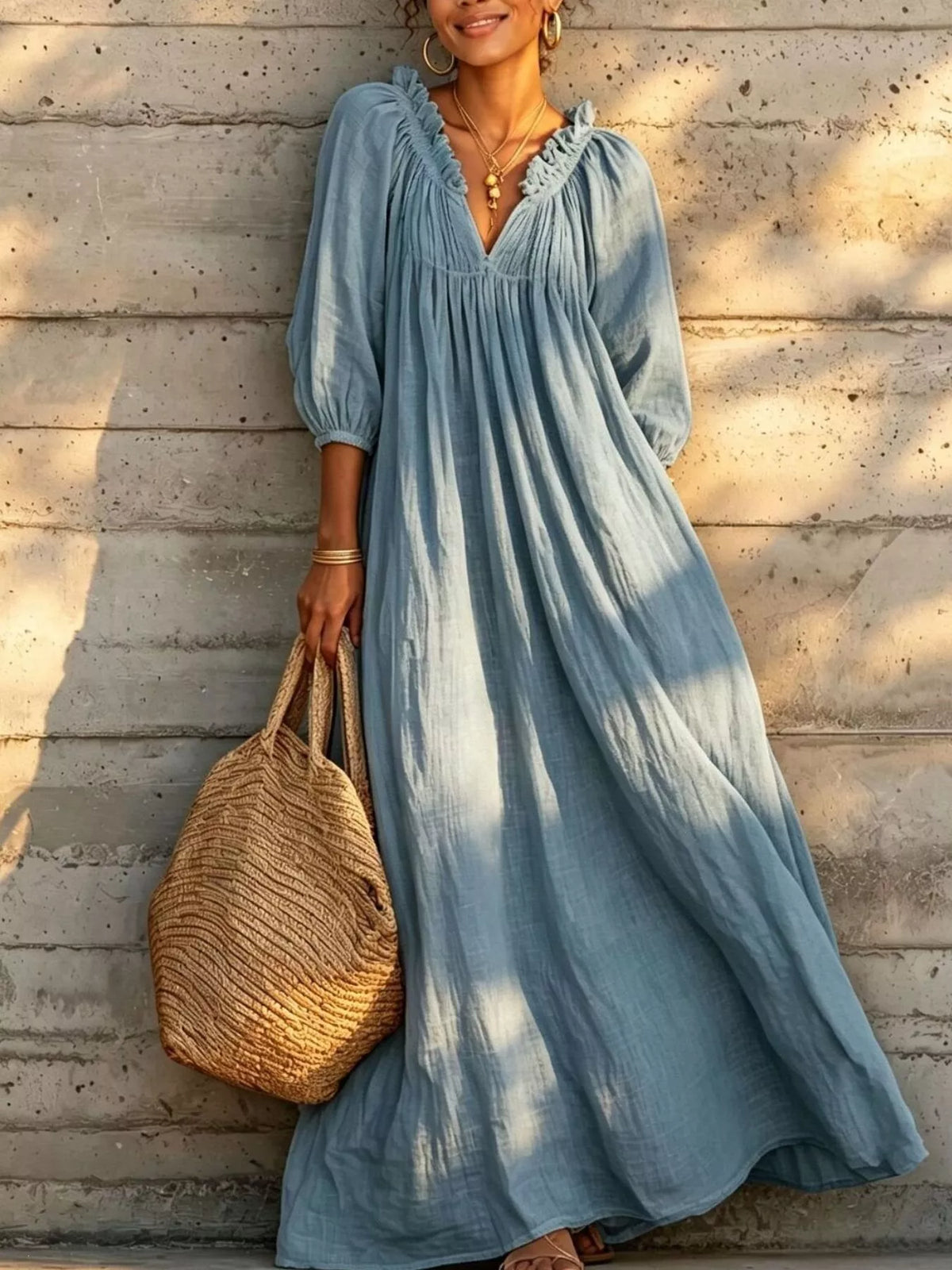 Tiered Notched 3/4 Sleeve Maxi Dress - Light Blue - View 1
