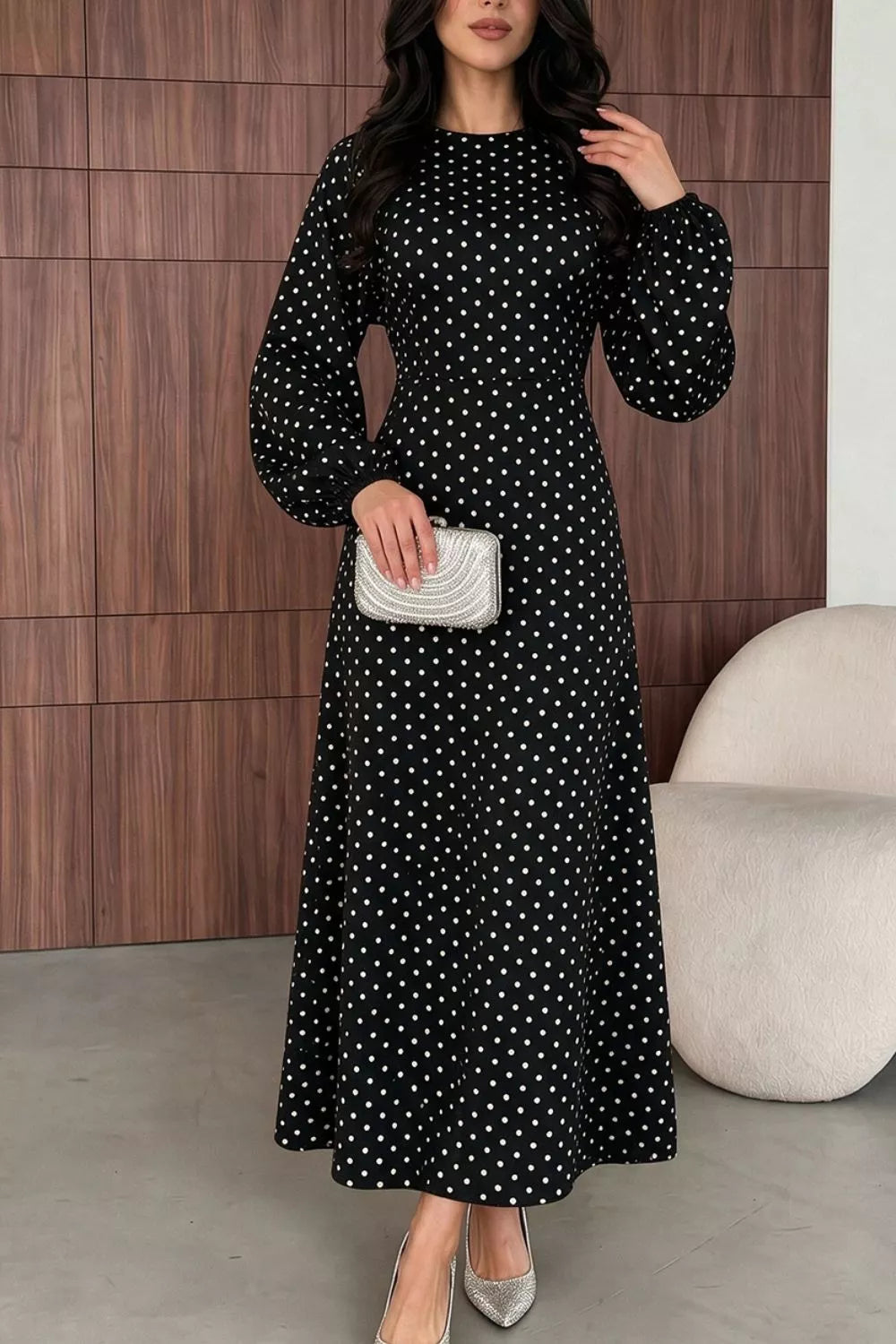 Polka Dot Long Sleeve Maxi Dress - Black - View 2