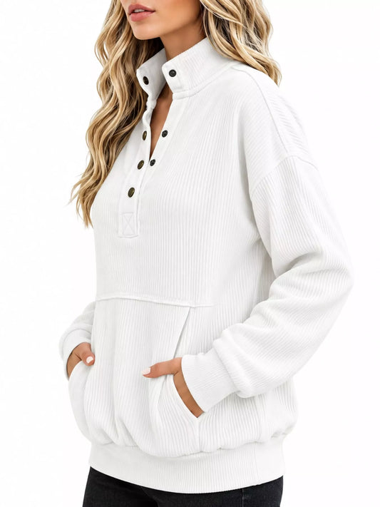 Full Size Quarter-Snap Sweatshirt with Kangaroo Pocket Plus Size - White - View 2