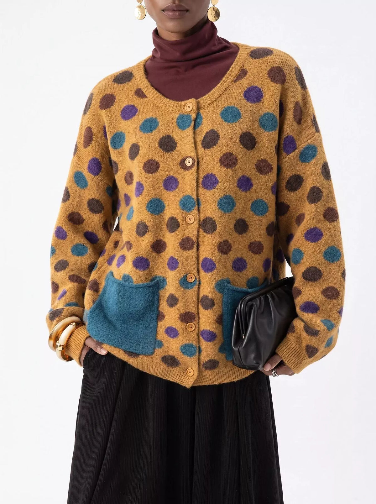 Full Size Polka Dot Button Down Cardigan Plus Size - Mustard - View 1