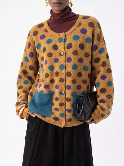 Full Size Polka Dot Button Down Cardigan Plus Size - Mustard - View 1