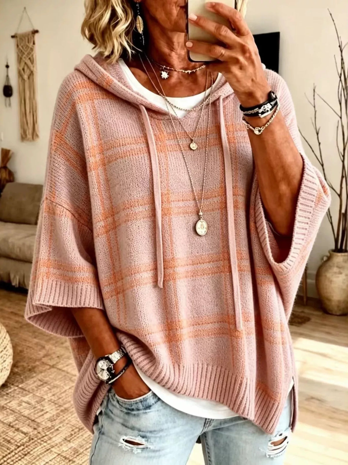 Full Size Drawstring Plaid Hooded Sweater Plus Size - Pink - View 1