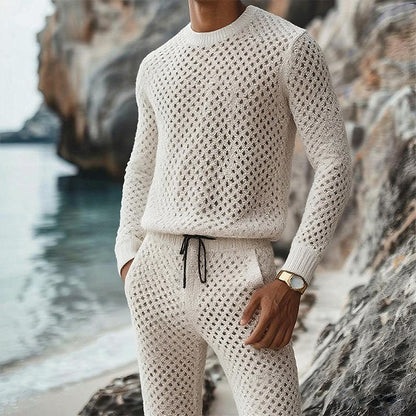Summer New Casual Vertical Stripe Knitted Suit-Fit Slim Fit Turn-Down Collar Short Sleeve Button-Up Shirt Shorts Men's Summer Wear