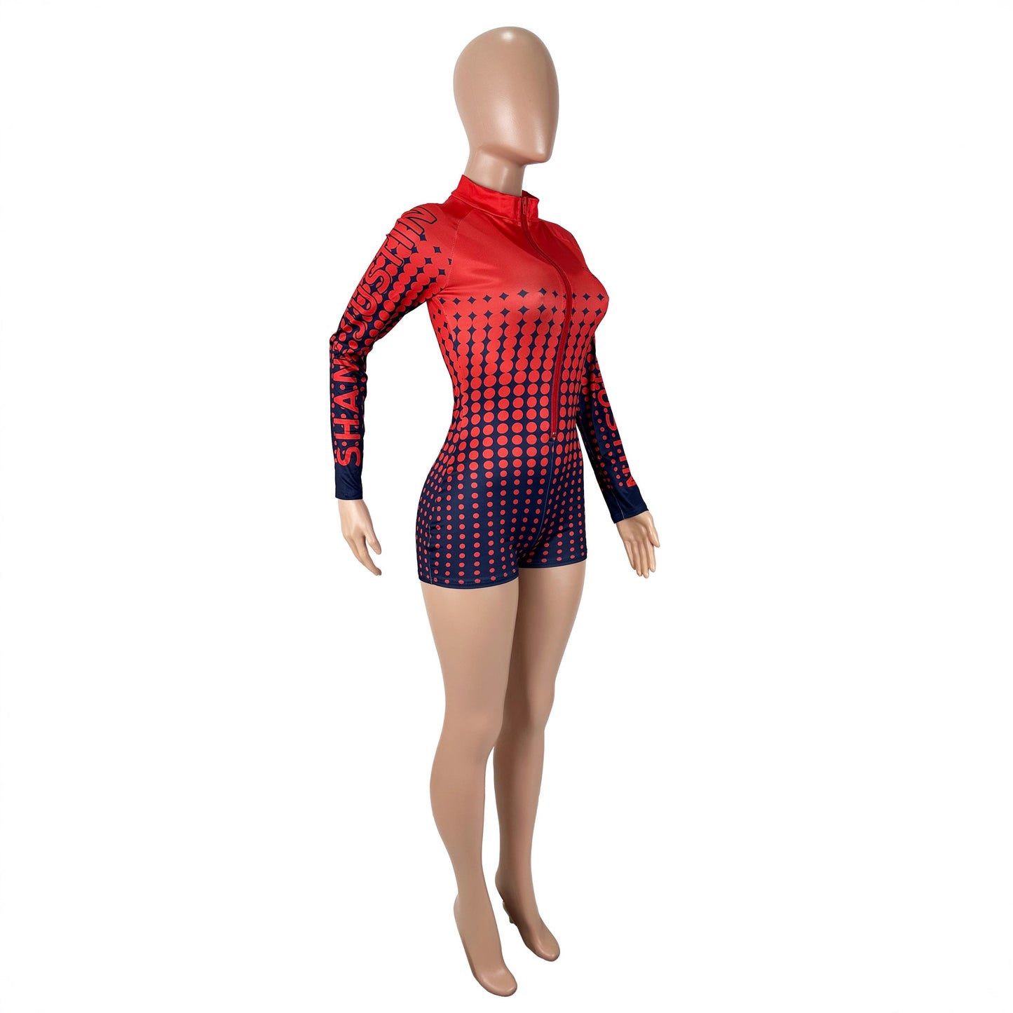 Dot print zipper cardigan long sleeved jumpsuit
