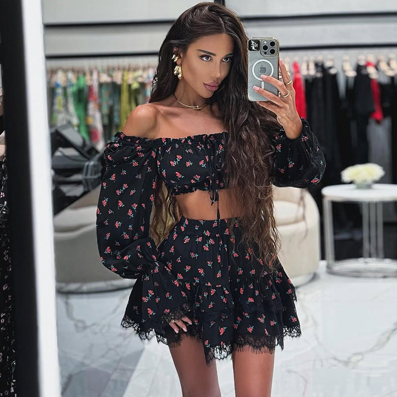 Lace border printed lantern sleeve shirt skirt set