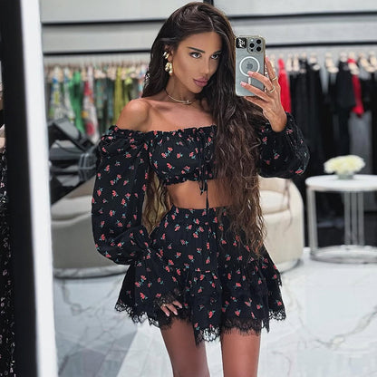 Lace border printed lantern sleeve shirt skirt set