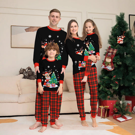 Christmas Tree Deer Black Plaid Family Matching Pajamas Set Long Sleeve Long Pants Sleepwear