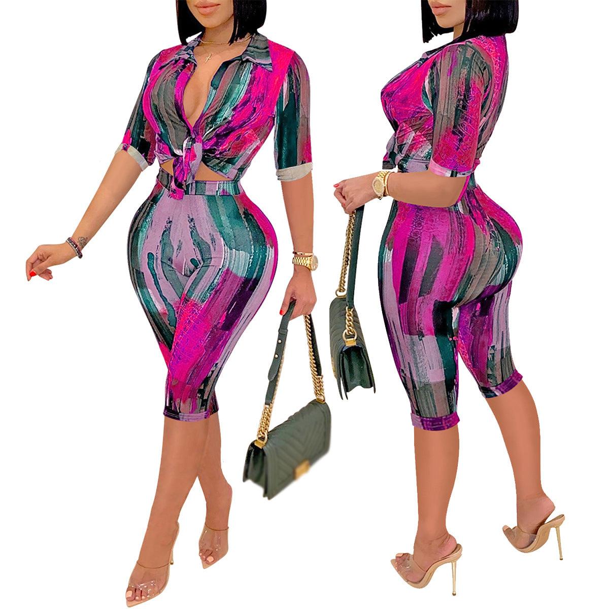 Casual Printed V-Neck Short Sleeve Shorts Set for Women
