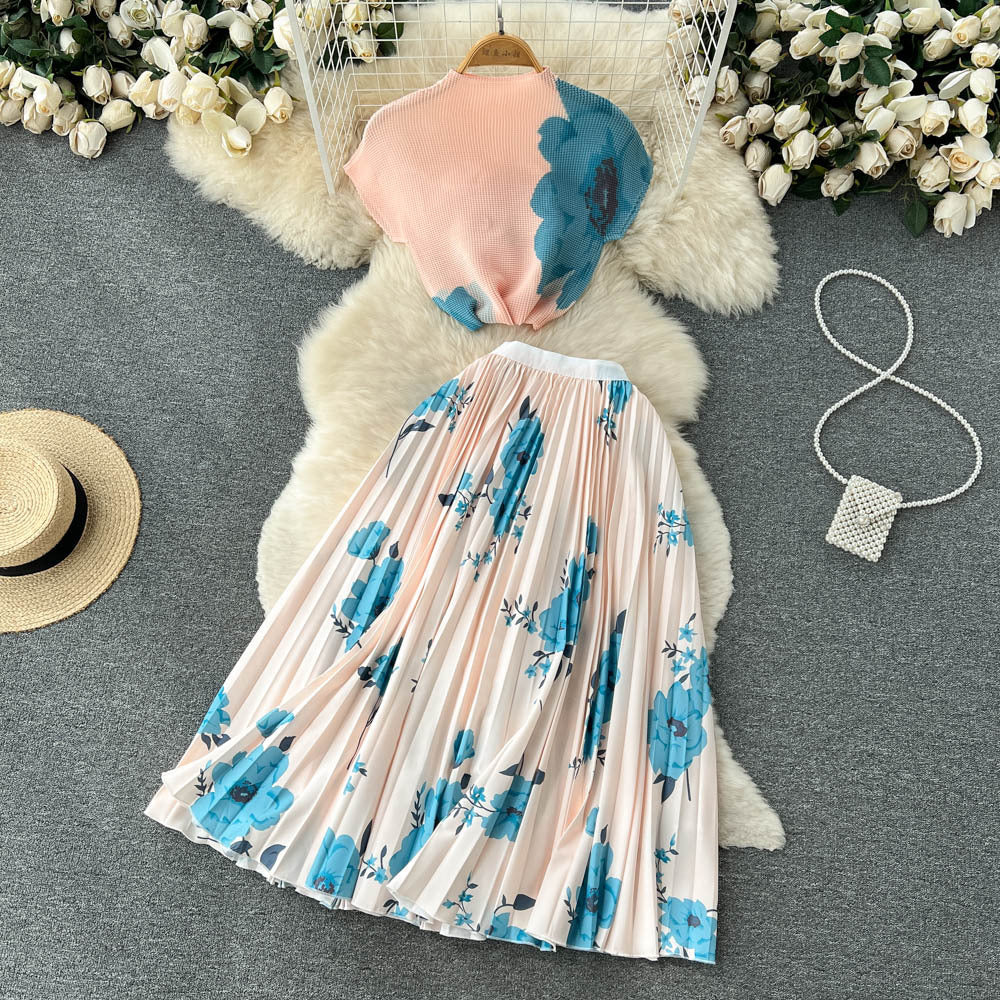 Girls Wearing Summer Tie-Dye Short T-Shirt Tops High Waist Pleated Skirt 2 Piece Set