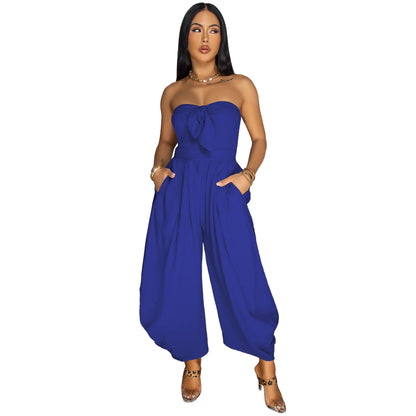 Solid color jumpsuit with wrapped chest collar