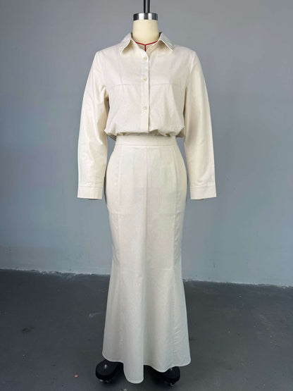 Women's Long Sleeve Collar Shirt with High Waist Slim Fit Skirt Two-Piece Set
