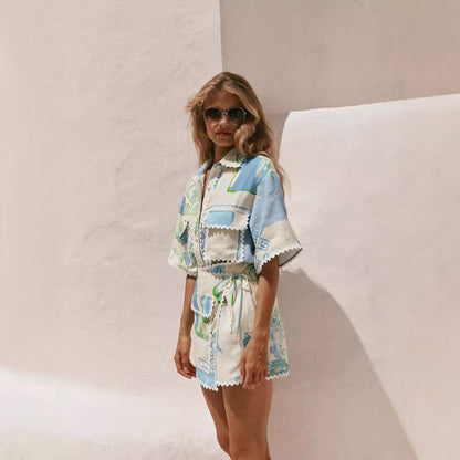 European and APrinted Ruffled Short Sleeve Set for Women, Beach Vacation Casual Fashion Two-Piece Set