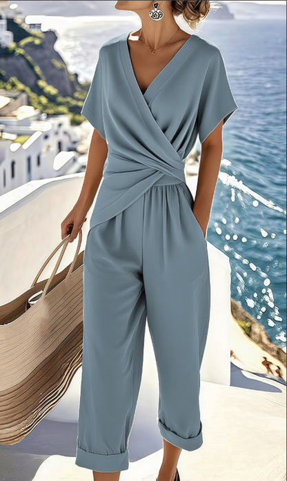 Solid color irregular short sleeved set
