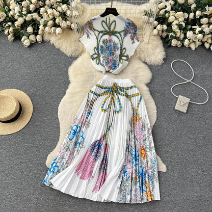 [EWQ] Elegant Short sleeved women's shirt+high waisted pleated skirt trend  2-piece set Summer vacation party clothing