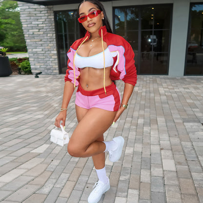 Women's High Neck Long Sleeve Top and Bodycon Shorts Sports Leisure Set