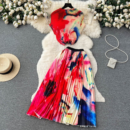 [EWQ] Elegant Short sleeved women's shirt+high waisted pleated skirt trend  2-piece set Summer vacation party clothing