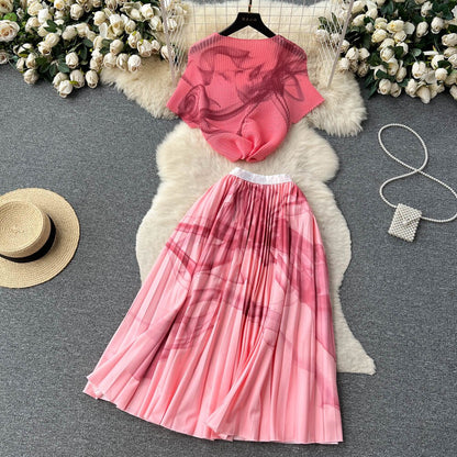 [EWQ] Elegant Short sleeved women's shirt+high waisted pleated skirt trend  2-piece set Summer vacation party clothing
