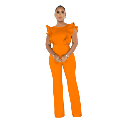 Round neck solid color jumpsuit
