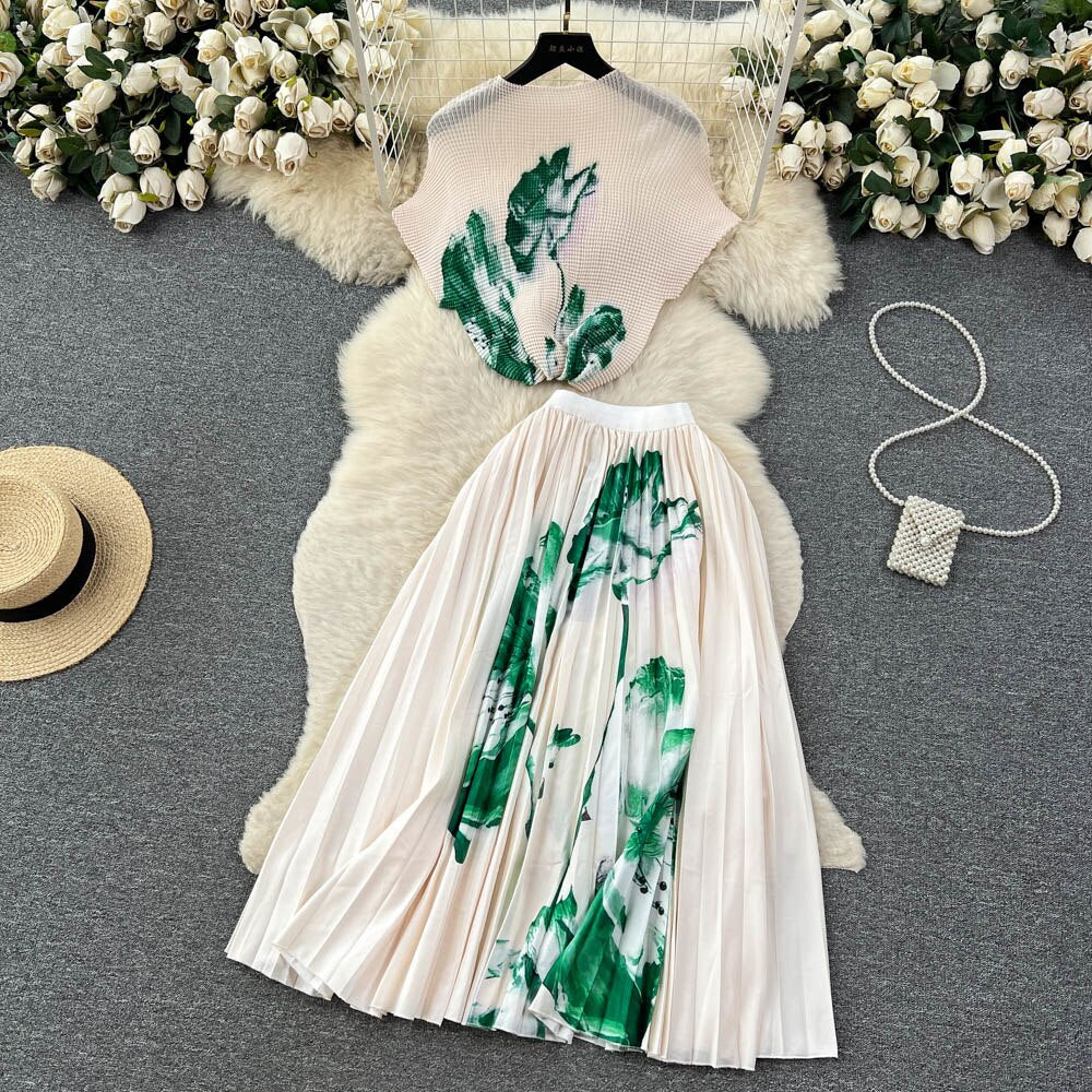 [EWQ] Elegant Short sleeved women's shirt+high waisted pleated skirt trend  2-piece set Summer vacation party clothing