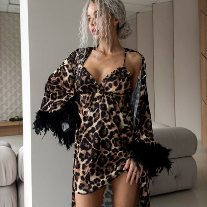 Fashion Leopard Print Feather Sexy Loose Comfortable Breathable Pajama Set  Women's Home Wear