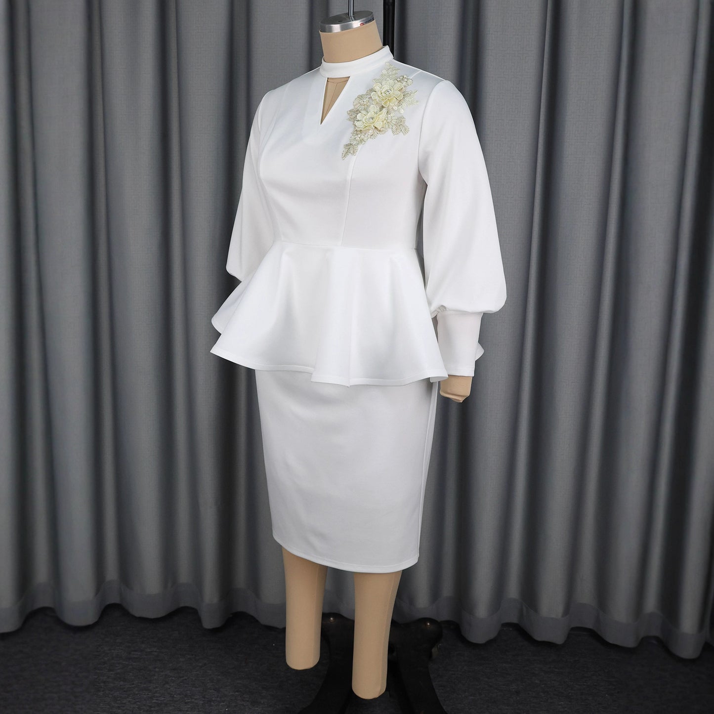 Stand collar hollow lotus leaf edge wrapped hip skirt set