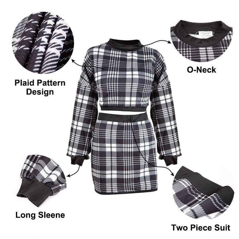 Women's Tracksuit Elegant Office Two Piece Set Plaid Sweater Outfit Long Sleeve Crop Top And Skirt Sets Sexy Fashion Dress Set