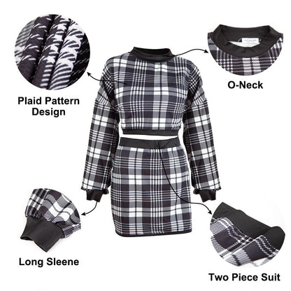 Women's Tracksuit Elegant Office Two Piece Set Plaid Sweater Outfit Long Sleeve Crop Top And Skirt Sets Sexy Fashion Dress Set