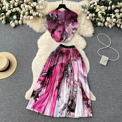 [EWQ] Elegant Short sleeved women's shirt+high waisted pleated skirt trend  2-piece set Summer vacation party clothing