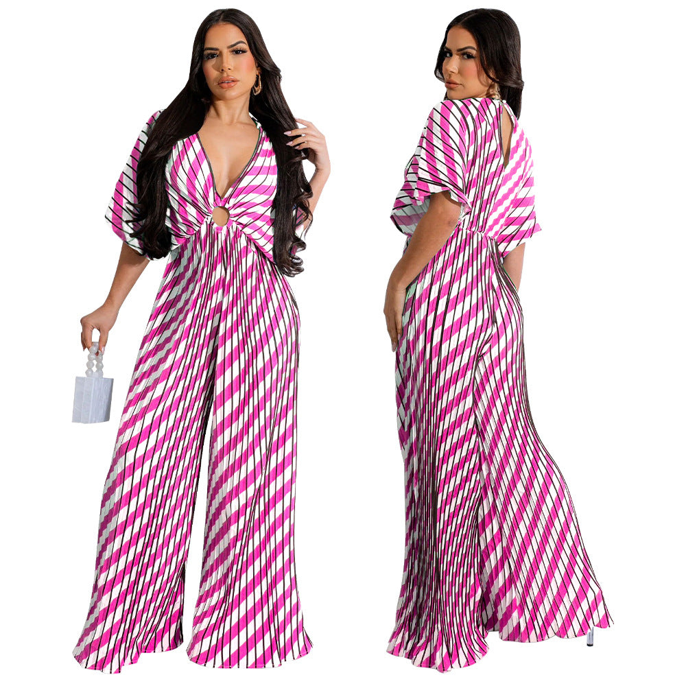 V-neck pleated jumpsuit for women