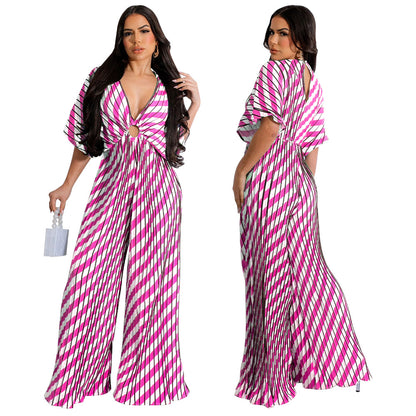 V-neck pleated jumpsuit for women