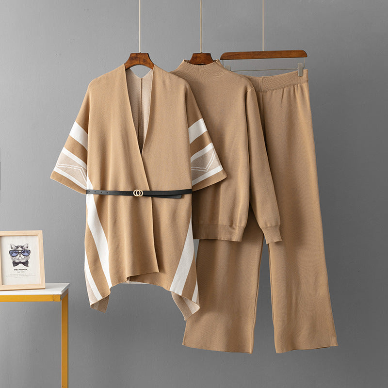 Jacquard Cape Top with Loose Wide-Leg Pants Knit Three-Piece Set