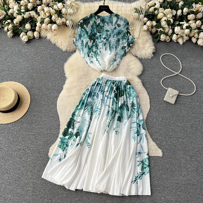 [EWQ] Elegant Short sleeved women's shirt+high waisted pleated skirt trend  2-piece set Summer vacation party clothing