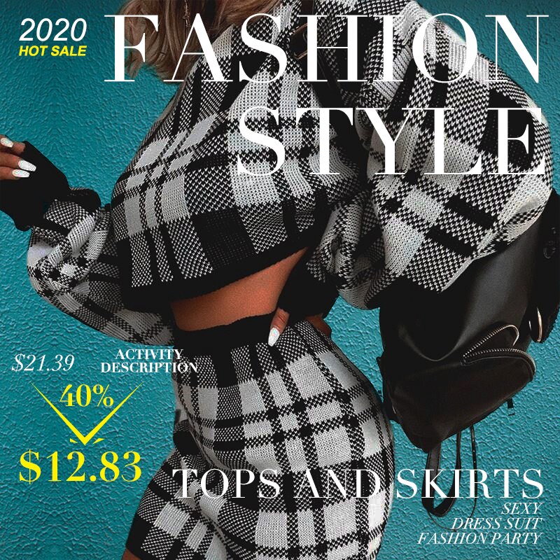Women's Tracksuit Elegant Office Two Piece Set Plaid Sweater Outfit Long Sleeve Crop Top And Skirt Sets Sexy Fashion Dress Set