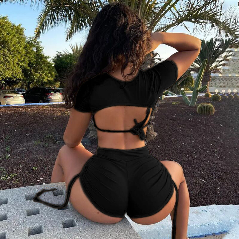 Fitted Shorts Set Women's Two-Piece Outfit Casual Fashion Short Sleeve Crop Top with High-Waisted Shorts Set