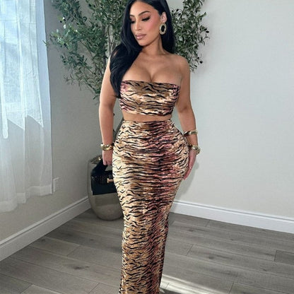 Bareback and navel leopard print strapless dress set for women