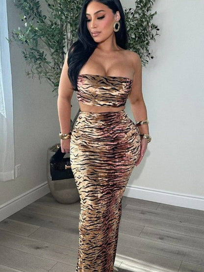 Bareback and navel leopard print strapless dress set for women