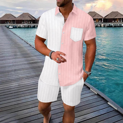 Jacquard color blocked pocket short sleeved shorts lapel shirt casual set