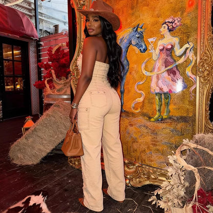 Fashion Women's Strapless Jumpsuit Sexy Side Tie Distressed Denim One-Piece Pants