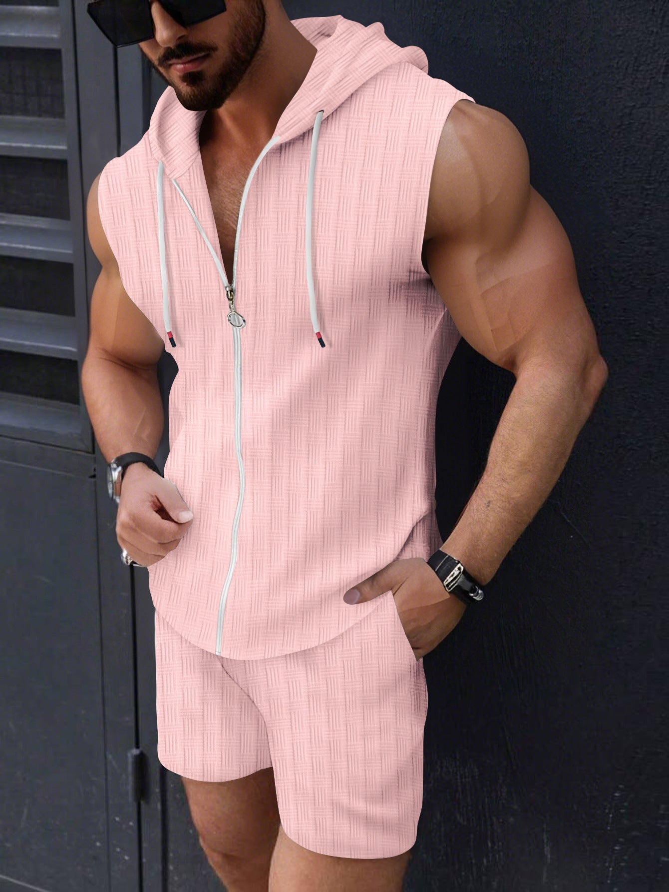 Hoodie set zipper T-shirt plaid sleeveless vest shorts two-piece set