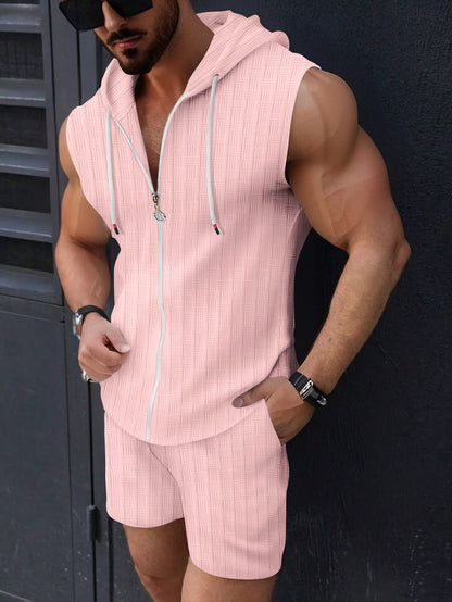 Hoodie set zipper T-shirt plaid sleeveless vest shorts two-piece set