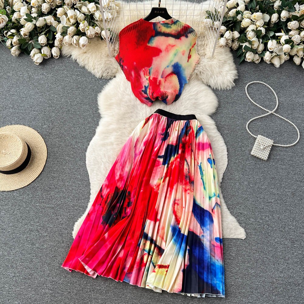 [EWQ] Elegant Short sleeved women's shirt+high waisted pleated skirt trend  2-piece set Summer vacation party clothing