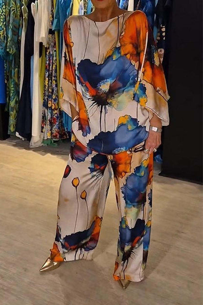Elegant Satin Off-Shoulder Loose Printed Batwing Sleeve Drawstring Pants