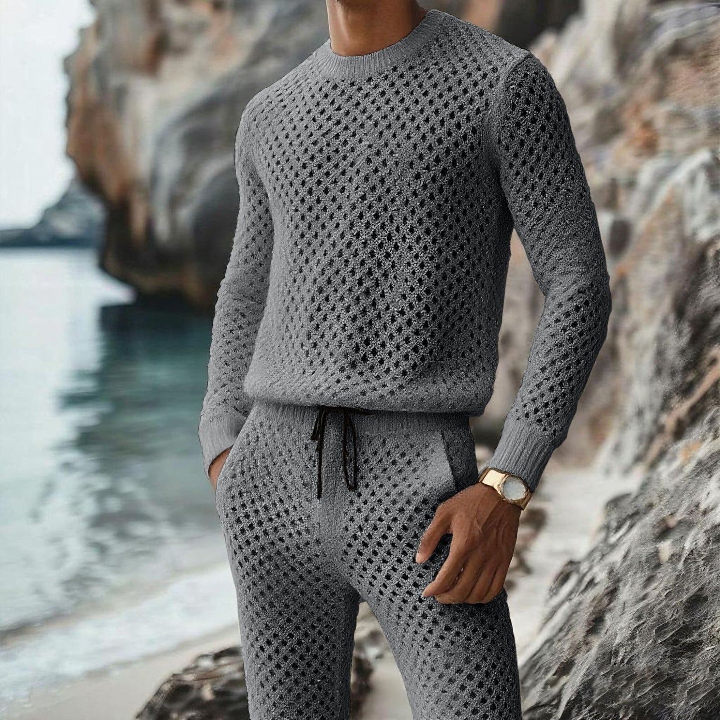 Summer New Casual Vertical Stripe Knitted Suit-Fit Slim Fit Turn-Down Collar Short Sleeve Button-Up Shirt Shorts Men's Summer Wear