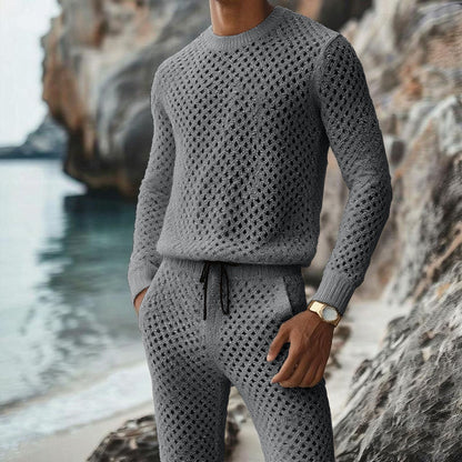 Summer New Casual Vertical Stripe Knitted Suit-Fit Slim Fit Turn-Down Collar Short Sleeve Button-Up Shirt Shorts Men's Summer Wear