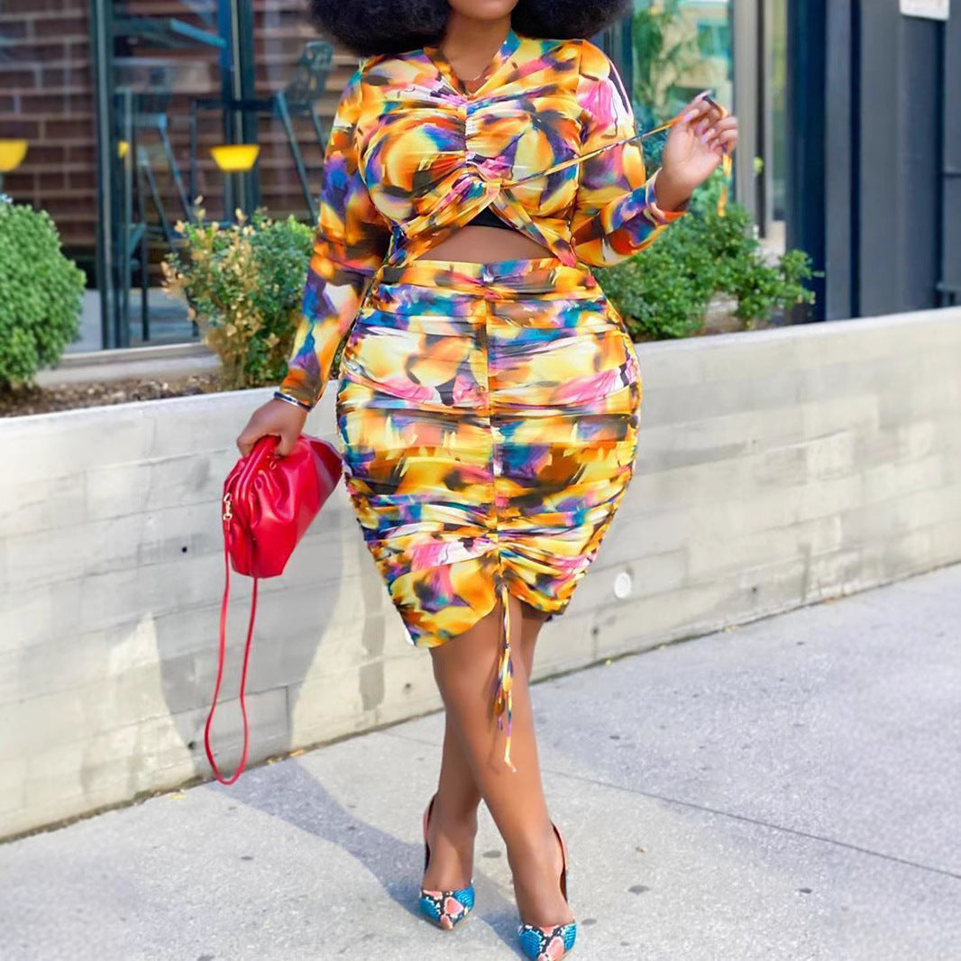 Style Plus Size Women's Long Sleeve Two-Piece Set with Irregular Elastic Printed Pleated Skirt Ensemble