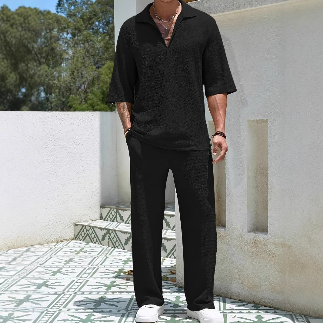 Men's casual shirt solid color half sleeved pants two-piece set