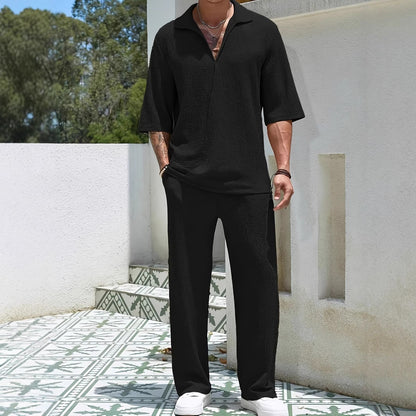 Men's casual shirt solid color half sleeved pants two-piece set