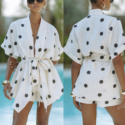 Bohemian Dot Linen Printed Short Pants Set Women's Loose Two-Piece Suit for Spring and Summer Vacation