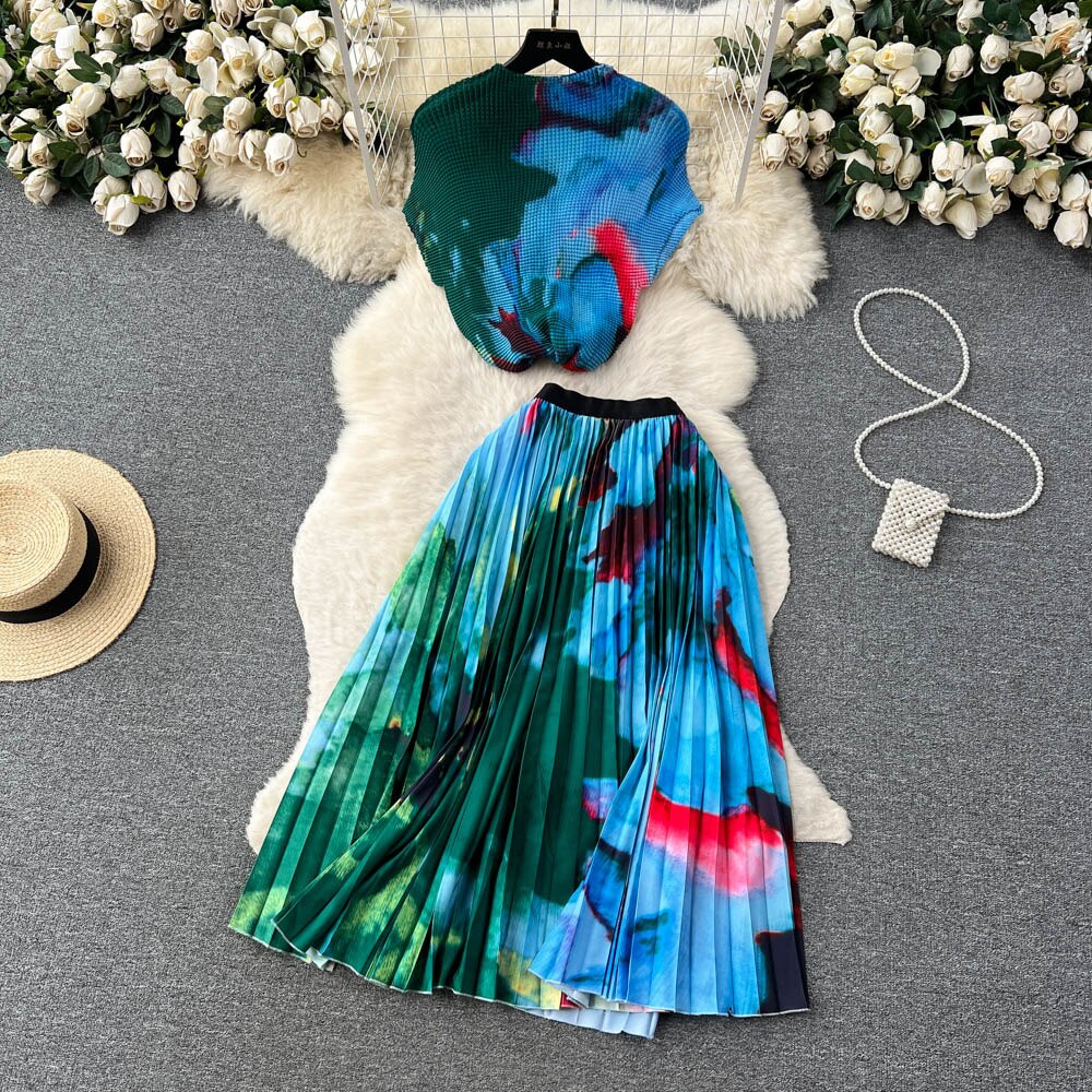 [EWQ] Elegant Short sleeved women's shirt+high waisted pleated skirt trend  2-piece set Summer vacation party clothing