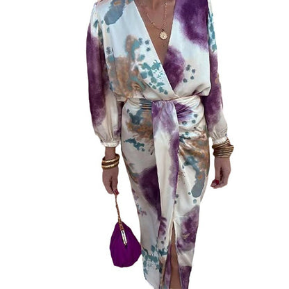 V-neck long sleeved top with elegant temperament, split long skirt for women's set